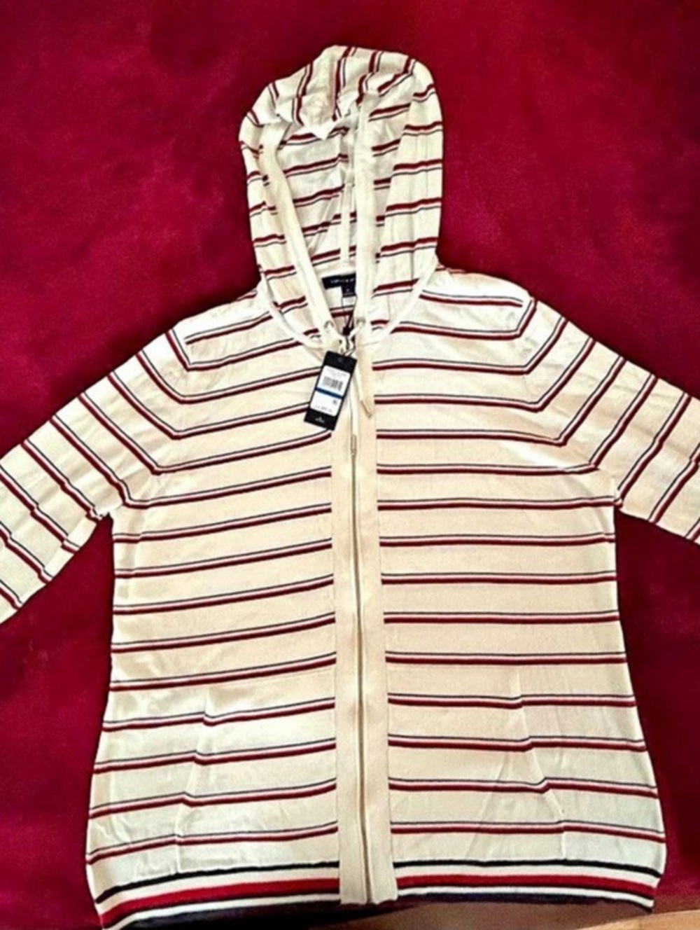 Tommy Hilfiger Striped Zip Hoodie in White & Red XL NWT